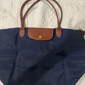 LE PLIAGE TOTE BAG, navy with brown leather trim